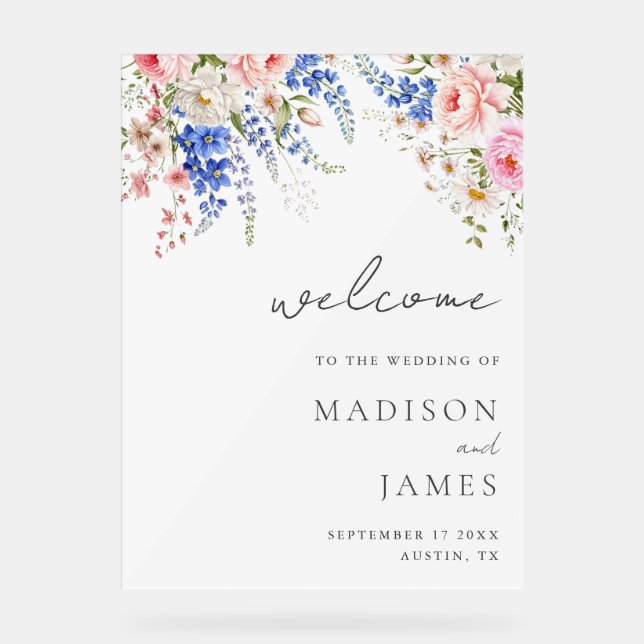 Boho Wildflower Minimalist Floral Welcome Wedding Acrylic Sign (Front)