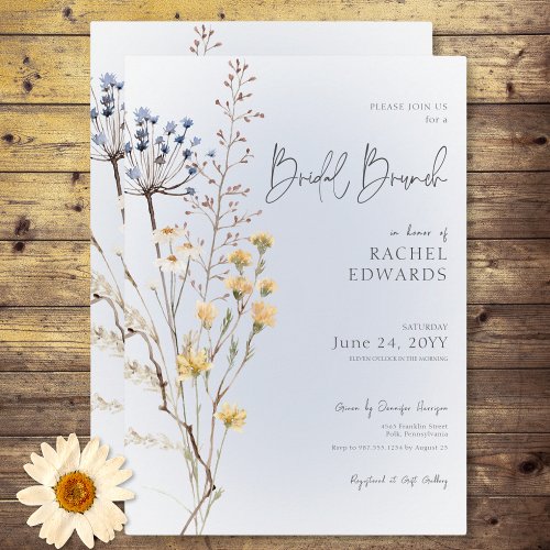 Boho Wildflower Modern Blue Bridal Brunch Invitation