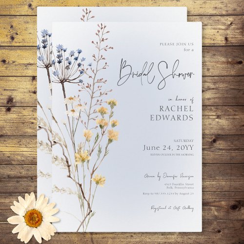 Boho Wildflower Modern Blue Bridal Shower Invitation