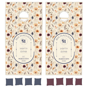 Boho Wildflower Monogram Custom Wedding Gift Cornhole Set