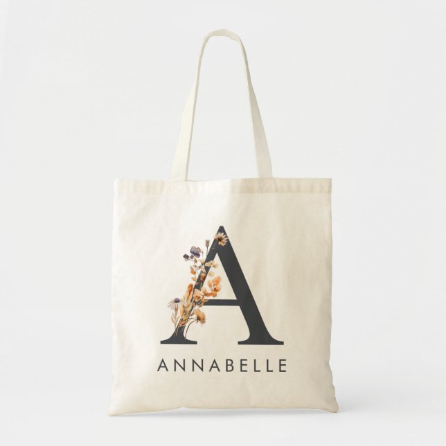 Boho Wildflower Monogram Letter A Tote Bag (Front)