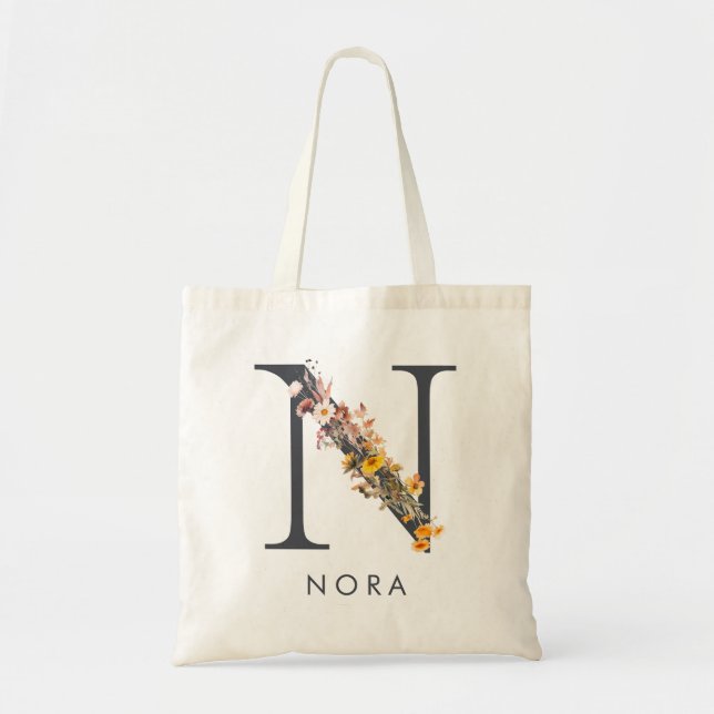 Boho Wildflower Monogram Letter N Tote Bag (Front)