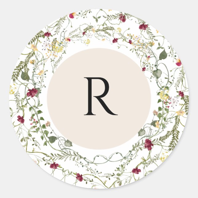 Boho Wildflower Monogram Round Envelope Seal (Front)