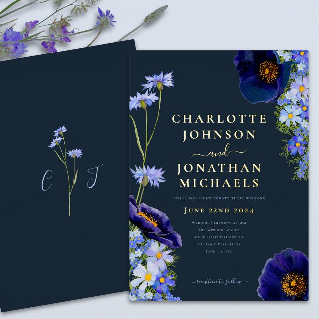 Boho Wildflower Navy Blue and Gold Foil Invitation (Boho wildflower navy blue and elegant gold foil script wedding invitation)