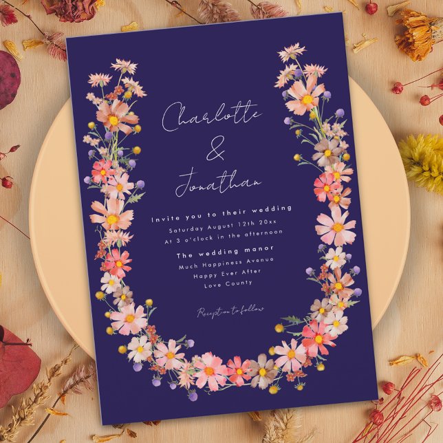 Boho Wildflower Navy Blue Fall Wedding Invitation (Wildflower navy blue fall wedding invitation with watercolor dried flowers boho wreath)