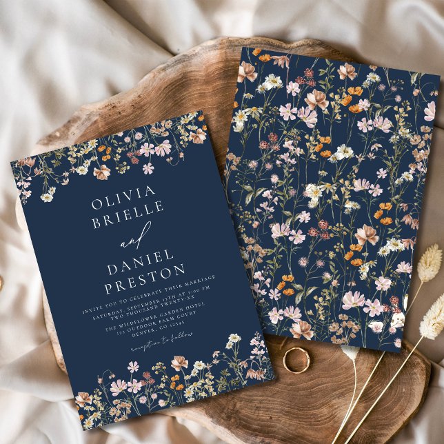 Boho Wildflower Navy Blue Garden Wedding Invitation (Creator Uploaded)
