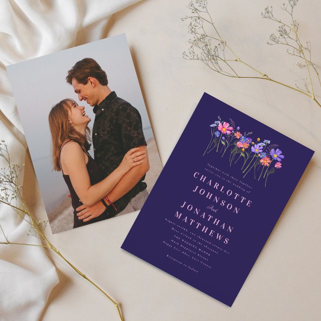 Boho Wildflower Navy Blue Pink Photo Wedding Invitation (Elegant wildflower vibrant blue pink watercolor floral navy blue wedding photo invitation)