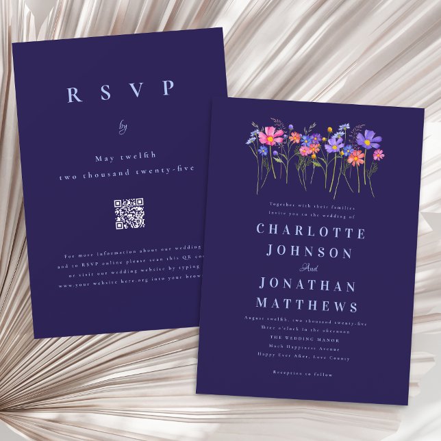 Boho Wildflower Navy Blue Pink Wedding QR Code Invitation (Elegant wildflower vibrant floral navy blue wedding qr code invitation)