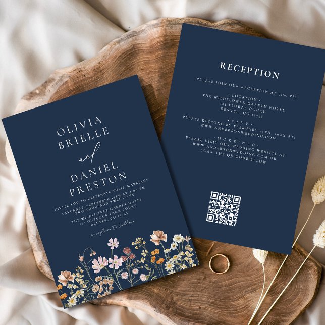 Boho Wildflower Navy Blue QR Code Wedding Invitation (Creator Uploaded)