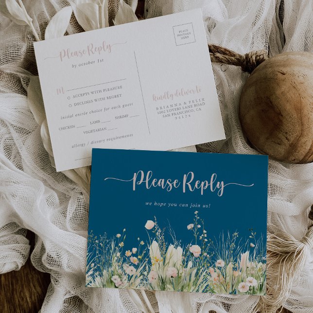 Boho Wildflower Navy Menu Choice RSVP  (Creator Uploaded)