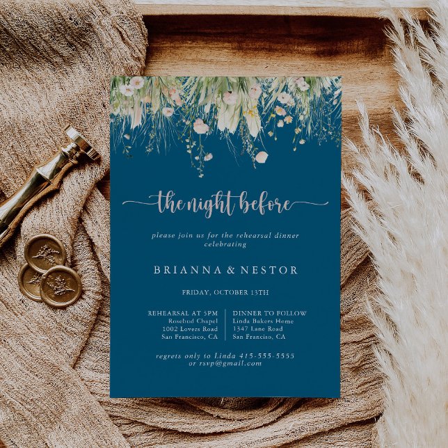 Boho Wildflower Navy Night Before Rehearsal Dinner Invitation (Creator Uploaded)