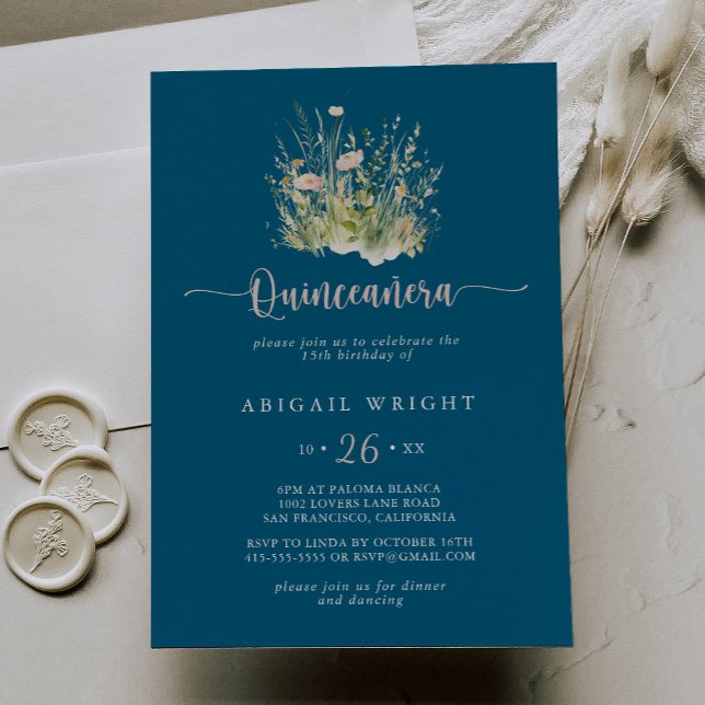 Boho Wildflower Navy Quinceañera Invitation (Creator Uploaded)