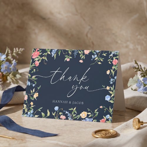 Boho Wildflower Navy Wedding Thank You Card