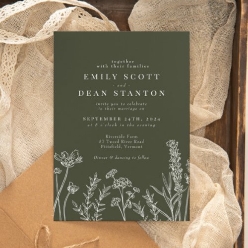 Boho Wildflower Olive Green Wedding Invitation