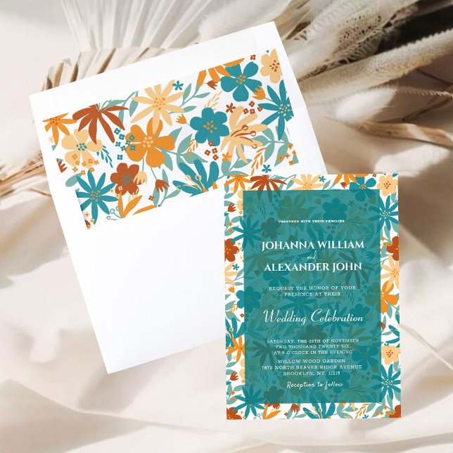 Boho Wildflower Orange Ranunculus Daisy Teal  Envelope Liner (Creator Uploaded)