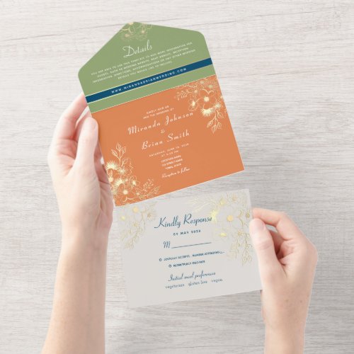 Boho Wildflower Orange Wedding All In One Invitation