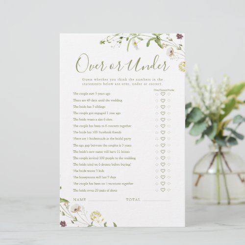 Boho Wildflower Over or Under bridal shower game