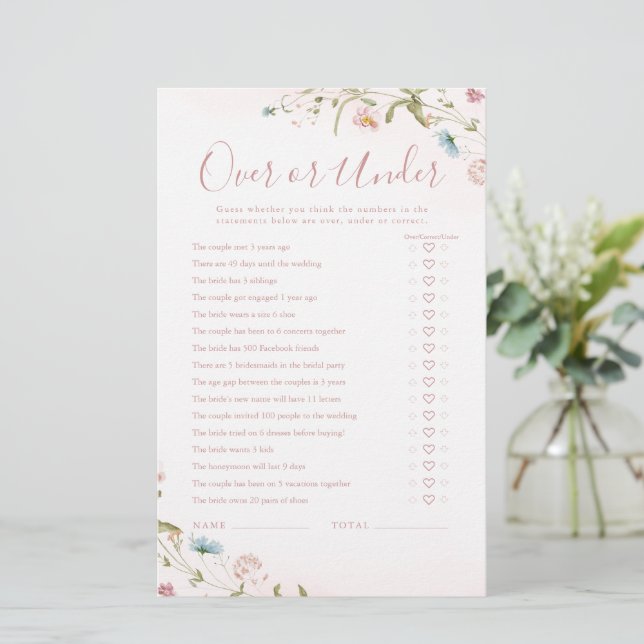Boho Wildflower Over or Under bridal shower game (Standing Front)