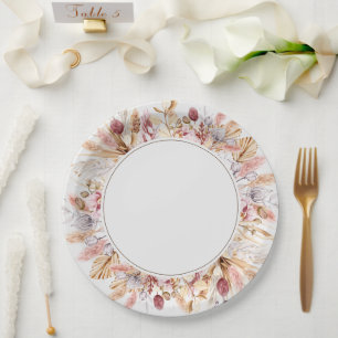 Boho Wildflower Pampas Grass Wedding Paper Plates