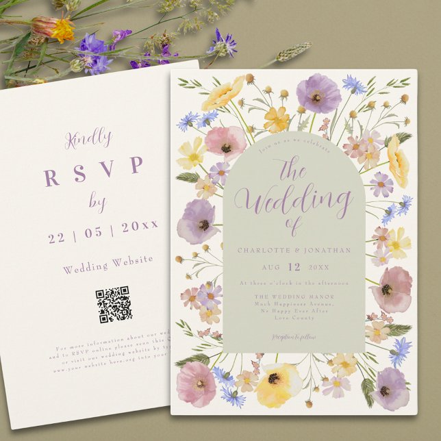 Boho Wildflower Pastel Qr Code Wedding Invitation (Boho wildflower pastel wedding qr code invitation summer watercolor florals )