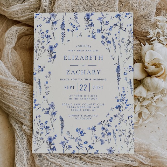 Boho Wildflower Pattern Blue Ivory Wedding Invitation (Creator Uploaded)