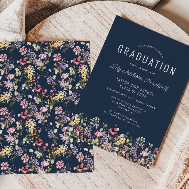 Boho Wildflower Pattern Navy Blue Graduation Party Invitation (Creator Uploaded)