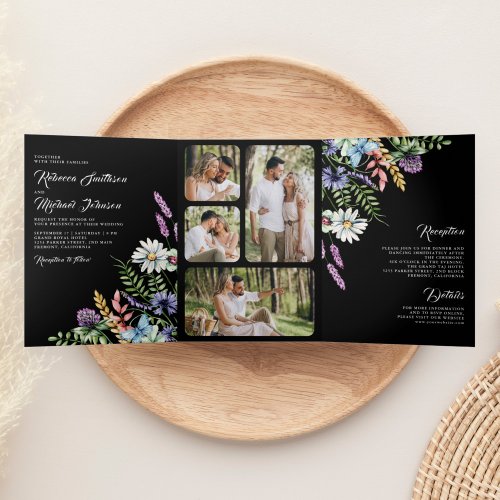 Boho Wildflower Photo All in One Black Wedding Tri_Fold Invitation