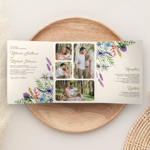 Boho Wildflower Photo All in One Cream Wedding Tri_Fold Invitation