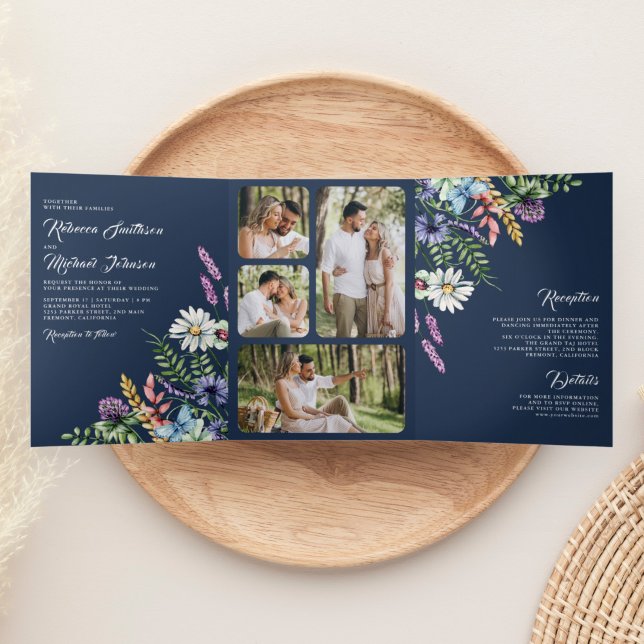 Boho Wildflower Photo All in One Navy Blue Wedding Tri-Fold Invitation (Creator Uploaded)