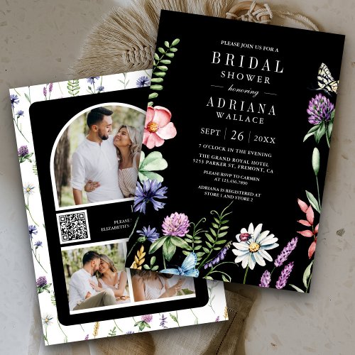 Boho Wildflower Photo QR Code Black Bridal Shower Invitation