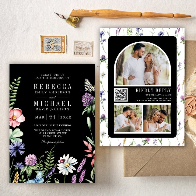 Boho Wildflower Photo QR Code Black Wedding Invitation (Creator Uploaded)