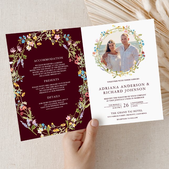 Boho Wildflower Photo QR Code Burgundy Wedding Invitation (Creator Uploaded)