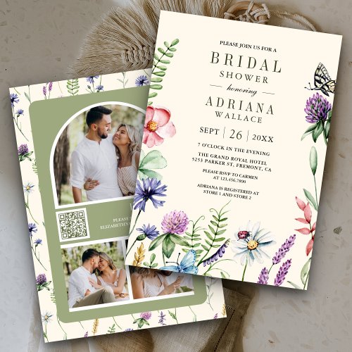 Boho Wildflower Photo QR Code Cream Bridal Shower Invitation