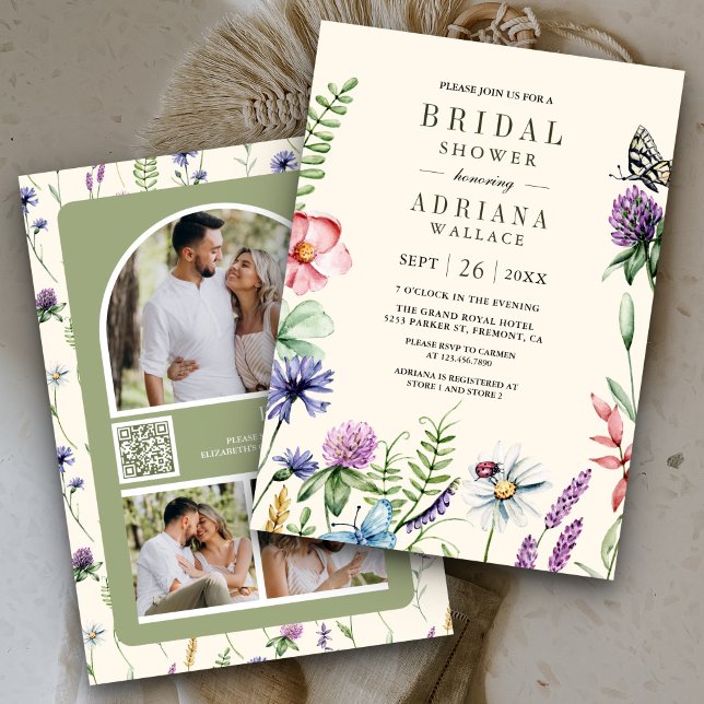 Boho Wildflower Photo QR Code Cream Bridal Shower Invitation (Creator Uploaded)