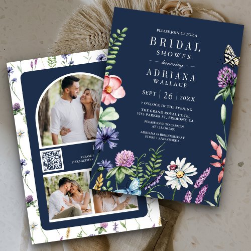 Boho Wildflower Photo QR Code Navy Bridal Shower Invitation