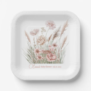 Boho Wildflower Pink Floral Baby Shower Paper Plates