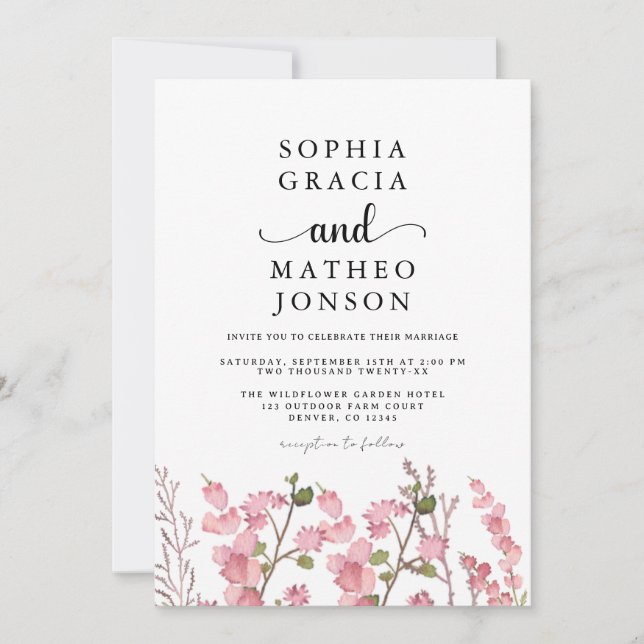 Boho Wildflower pink Garden Elegant Wildflower Save The Date (Front)