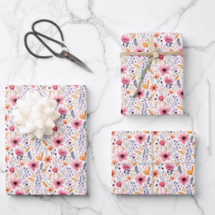 Boho Wildflower Pink Orange Birthday Baby Bridal Wrapping Paper Sheets
