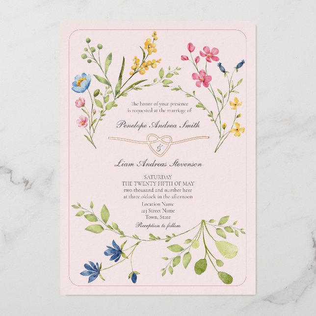 Boho Wildflower Pink Wedding Foil Invitation (Front)