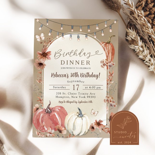 Boho Wildflower Pumpkin Birthday Party Dinner Invitation (Creator Uploaded)