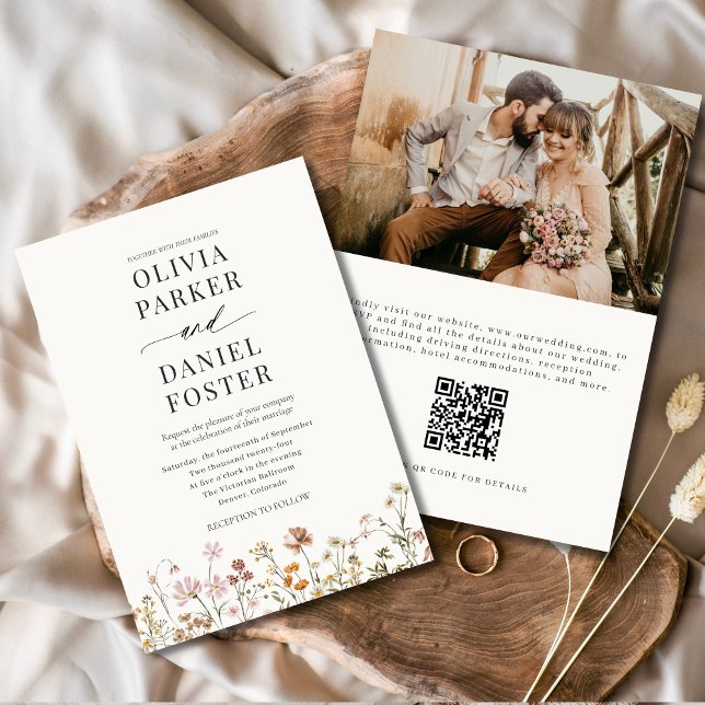 Boho Wildflower QR Code Photo Minimalist Wedding  Invitation (Creator Uploaded)