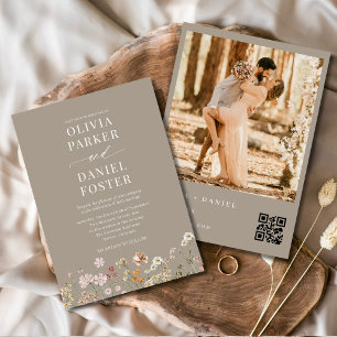 Boho Wildflower QR Code Photo Taupe Wedding Invitation