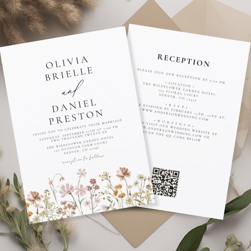 Boho Wildflower Rustic All in One QR Code Wedding Invitation