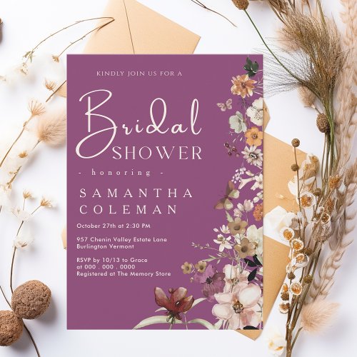 Boho Wildflower Rustic Berry Purple Bridal Shower Invitation