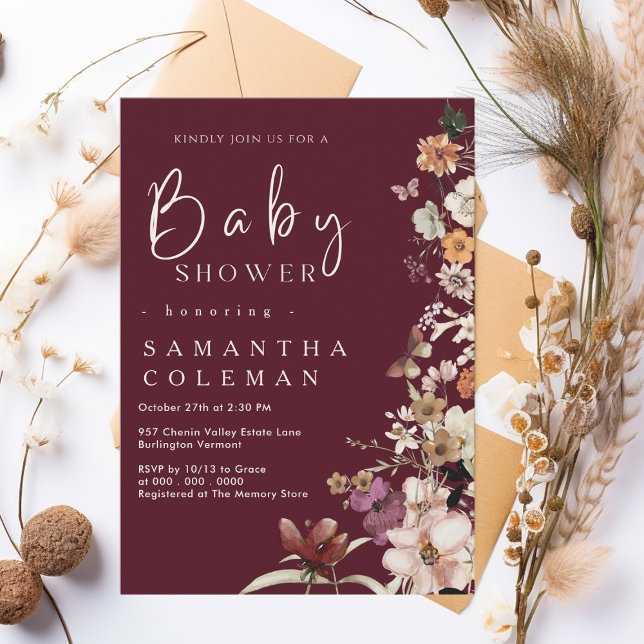 Boho Wildflower Rustic Burgundy Baby Shower Invitation (Creator Uploaded)