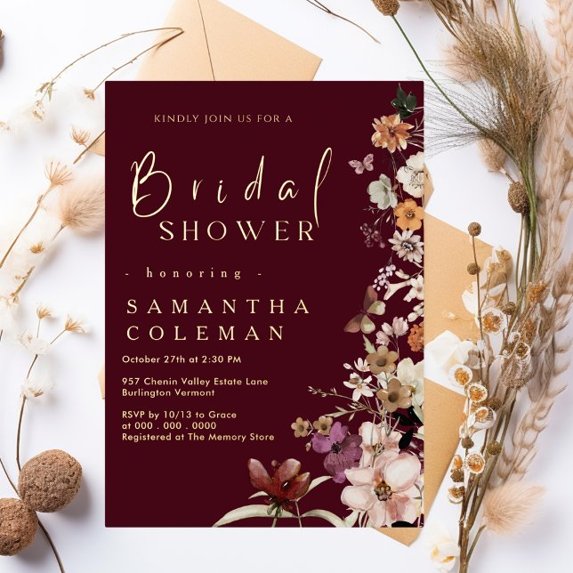 Boho Wildflower Rustic Burgundy Bridal Shower Foil Invitation (Creator Uploaded)