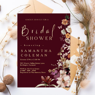 Boho Wildflower Rustic Burgundy Bridal Shower Foil Invitation