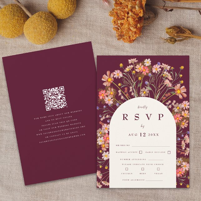 Boho Wildflower Rustic Fall Wedding RSVP Card (Burgundy and ivory cream boho wildflower rustic floral arch fall wedding RSVP modern qr code card)