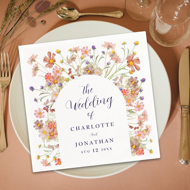 Boho Wildflower Rustic Floral Arch Wedding Napkins (Boho fall rustic wildflower floral arch navy blue script white wedding custom paper napkins)