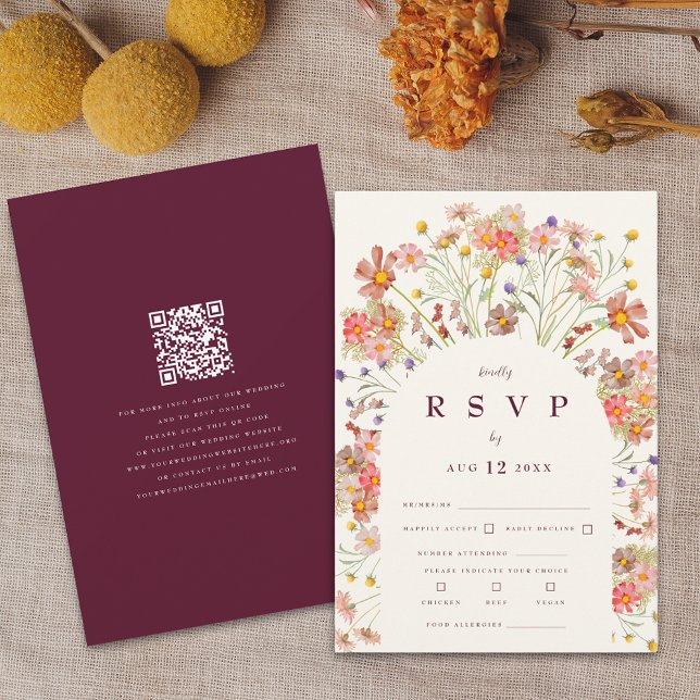 Boho Wildflower Rustic Floral Burgundy Wedding RSVP Card (Boho fall rustic wildflower floral arch burgundy ivory cream wedding rsvp qr code card)